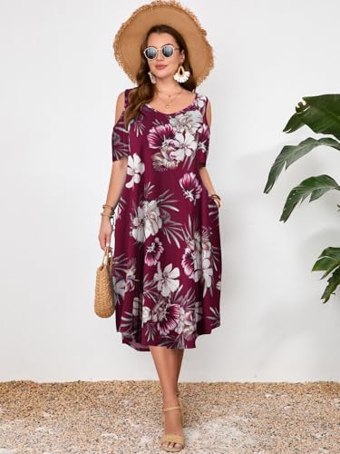 Image of LARACE Plus Size Women Dress for Summer, Midi Women's Sundress, Casual V-Neck Short Sleeve Flowy T-Shirt Dresses with Pockets