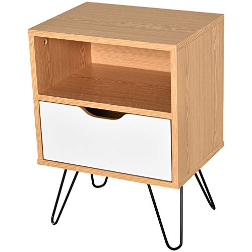 HOMCOM Mesita de Noche con Pies Elevados Cajón y Estante Color Madera Natural 40x30x54cm