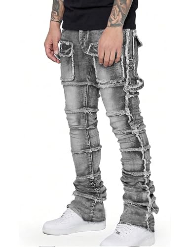 Mens Stretch Slim Fit Jeans Ripped Stacked Pant Straight Leg Cargo Jeans Hip Hop Distressed Pant Trousers3