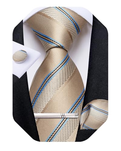 Image of DiBanGu Mens Striped Tie Silk Woven Necktie and Pocket Square Cufflinks Tie Clip Set Wedding Business Formal Gift Tie for Men