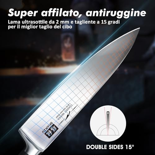 SHAN ZU Set di Coltelli da Cucina,Giapponesi Set di Coltelli 3 Pezzi Tedesco Acciaio Inox Ultra Affilati Compreso Coltello da Cucina 20 cm Coltelli Universali 15 cm Coltelli per Frutta 9,5 cm - immagine 6