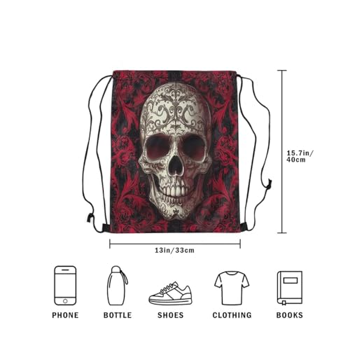 Image of jejeloiu Skull Skeleton Drawstring Backpack 13x15.7inch Goth Art Waterproof Gym Drawstring Bags Damask Print Sports String Backpack Beach Swim Travel Bag Sackpack