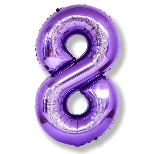8th Birthday Number Balloons for Kids, Self Inflating 40 Inch Purple Foil 8 Balllon, Large Number 8 Balloons for Girls 8 Years Old Birthday Party Bridal Shower Anniversary Party Decorations Supplies