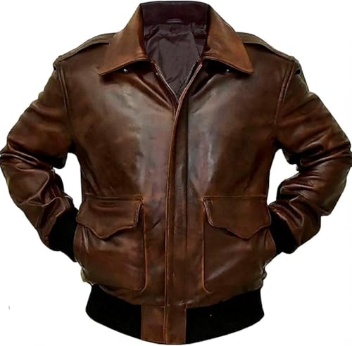 Image of Mens A2 Aviator Cockpit Bomber Leather Jacket - Distressed Pilot Jackets - G1 Fur Collar Flight Leather Jacket