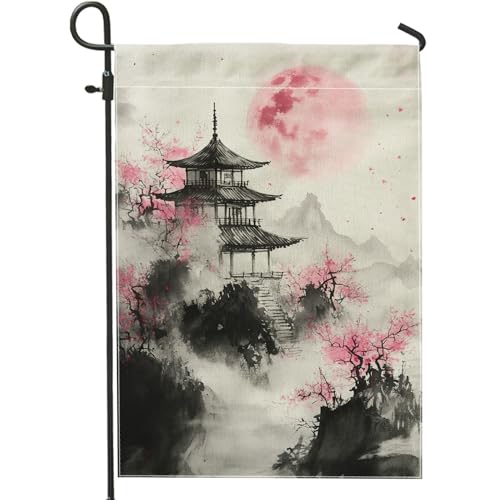 Bandera de jardín de flores de cerezo iluminada por la luna, paisaje oriental, decoración del hogar, bandera de arpillera de doble cara, decoración de césped al aire libre, 12 x 18 pulgadas