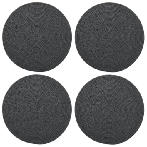 Image of Dining Table Mats Set of 4 | Cotton Table Mat 32 cm Diameter, Encasa XO Washable Round Table Mats, Heat Resistance Dining Table Placemats, Handmade Ribbed Style for Centre Table, Dark Grey