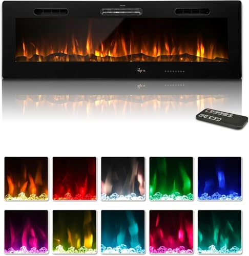 UNIONLINE 60" 152cm Electric Fireplace Wall Mounted/Recessed Insert with 10 Color LED Flames, Media Fireplace with Remote, Touch Screen, Crystal & Log, 1000-2000W