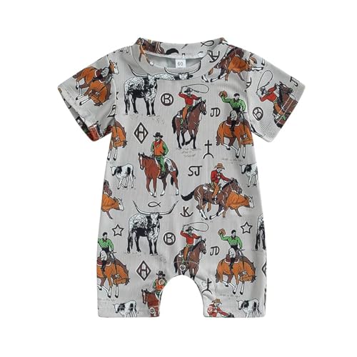 Image of Muasaaluxi Western Baby Girl Boy Clothes Short Sleeve Cow Print Romper One Piece Bodysuit Shorts Summer Outfit