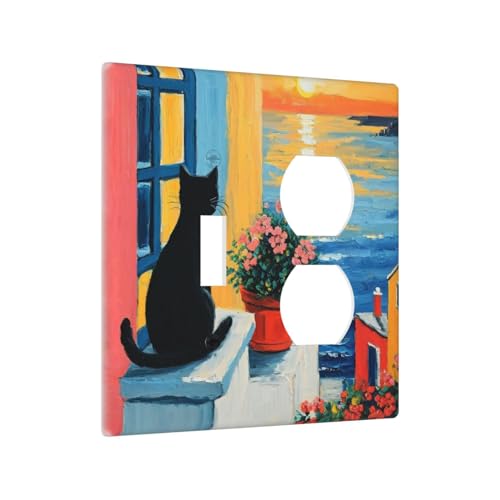 Decorative Outlet Covers Vintage Oil Painting Style Black Cat Sea Flowers 2 Gang Wall Plate Cover Single Toggle Duplex Combo Two Switch Light Switch Cover Plate Jumbo GFCI Faceplate