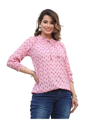 Image of Himanshi Enterprises Women's Traditional Casual 3 /4 Sleeves Mandarin Nack Rayon Floral Printed Short Kurti