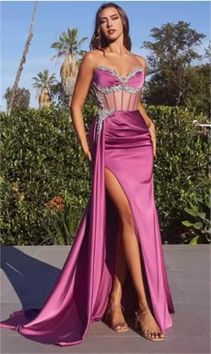 Mermaid High Side Slit Floor Length Evening Dresses Sweetheart Sparkling Sequin Strapless Satin Party Prom Dress2