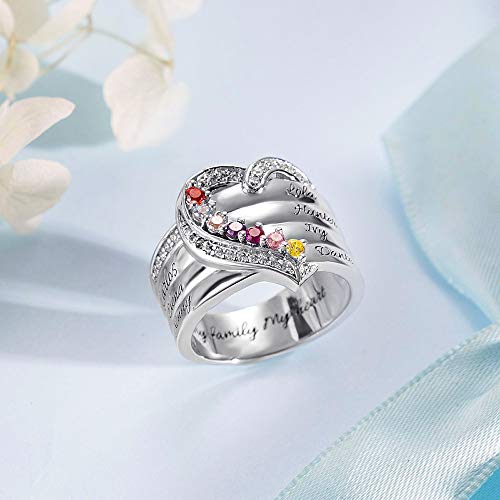 AILIN Custom Heart Mom Rings 925 Sterling Silver Personalized 1 2 3 4 5 6 7 8 Simulated Birthstone Rings Mother Day Birthday Wedding Engagement Anniversary Engraved Name Rings Gifts For Wife Grandmother Nana Women From Daughter Husband Son3