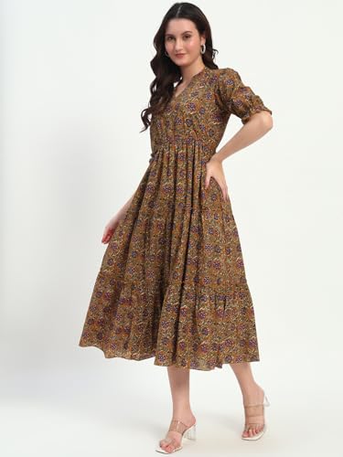 Image of Women's Fit and Flare Dress I Pure Cotton Long Summer Maxi Dress I V-Neck I Casual Wear I Printed Kalamkari Floral Middi