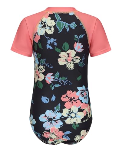 Image of Girls One Piece Swimsuits Short Sleeve Rash Guard for Girl Hawaiian Bathing Suit with Sun Protection Beachwear