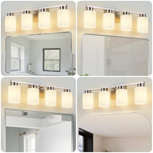 Image of 4-Light Bathroom Light Fixtures, Modern Vanity Lights, Brushed Nickel Metal Wall Lamp with White Marble Glass for Bathroom, Mirror, Living Room, Bedroom, Cabinet, Porch, Hallway, E26 Base