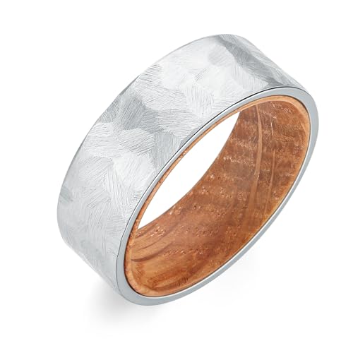 Adreamz 8mm Silver Hammered Stainless Steel Ring Whiskey Barrel Wood Inner Hole Inlaid Fashion Promise Wedding Band for Men Women Comfort Ring Size 9.5