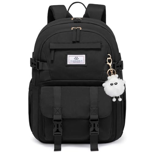 LOVEVOOK School Backpack for Teen Girls, Bookbag for 8-16 Student, Middle High College Back to School Cute Kids Backpack, 15.6 Inch, Black