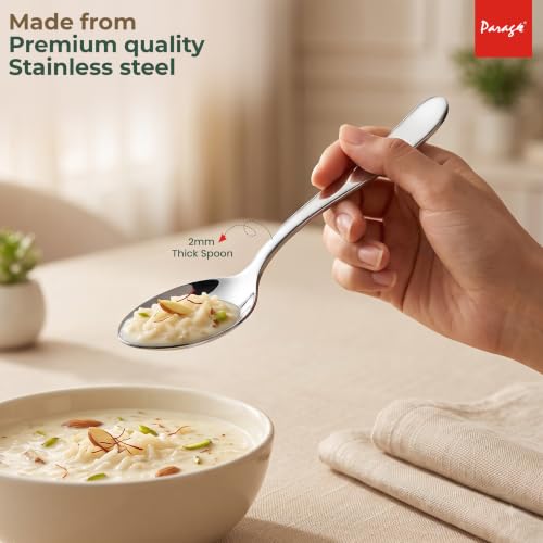 Image of Parage Tiara Stainless Steel Dinner Spoon Set of 6, Length 16cm Tableware with 2mm Thickness Spoons, Mirror Finish for Home Kitchen Dining