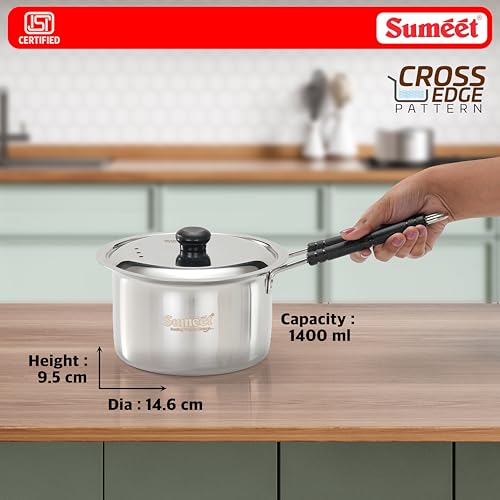 Image of Sumeet ISI Certified HeavyPly Premium Stainless Steel Cross Edge Induction & Gas Stove Friendly Saucepan /Milk Pan /Tea Maker with Lid - 1400ml