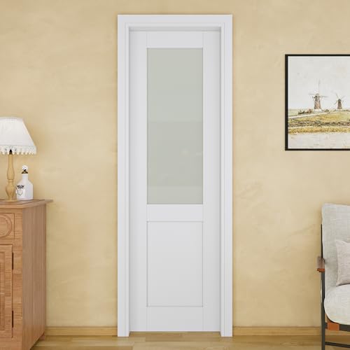 JUJUBON Soft-Close Sliding Pocket Door 32" x 80", Half Tempered Frosted Glass Door Slab with Hardware Kit & Pocket Doors Frame, Interior Sliding Doors, Pre-Finished & Paintable, MDF