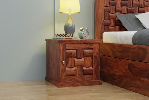 Image of WOODLAB Solid Sheesham Wood Bedside End Table with 2 Drawer Storage for Bedroom Wooden Nightstand Table Home Office (Niwar Honey Finish)