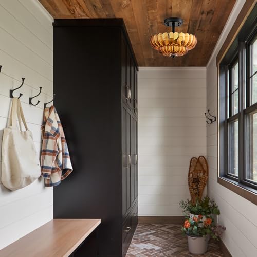 Image of Modern Amber Glass Scalloped 3-Light Flush Mount Ceiling Light Black Base | Vintage Semi Flush Mount Ceiling Light Fixture, Close to Ceiling Light Dimmable for Hallway Bedroom Entryway Kitchen