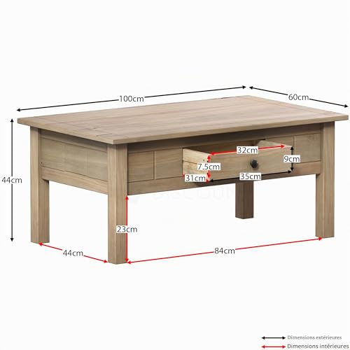 Table basse en pin Vida Designs Panama robuste avec tiroir de rangement central