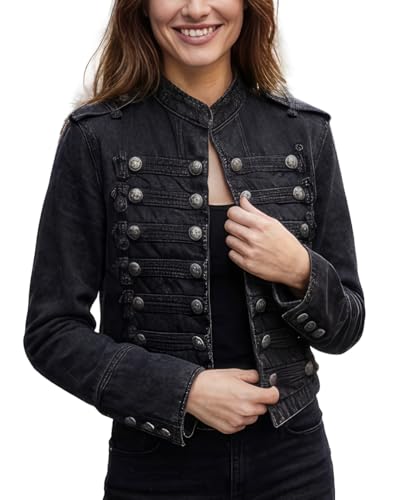 JEFQJDJ Women's Military Denim Jacket Steampunk Jean Jacket Stand Collar Vintage Gothic Coat Double Breasted Jean Jacket (Medium,Black)