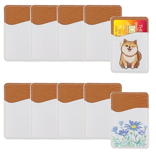 Framendino, 10 Pack Adhesive Card Holders Sublimation PU Leather Phone Back Card Pockets for Cell Phones (Brown)