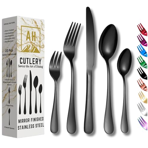 Black 20-Piece Cutlery Set, Stainless Steel