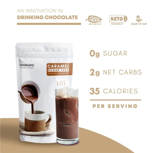 Image of COCOSUTRA SUGAR FREE Drinking Chocolate Mix - Caramel | Zero Sugar, Low Carb, Low Calorie | Stevia & Erythritol based | Keto Friendly Hot Chocolate | Vegan | Enjoy hot or cold | 200g (Pack of 2)