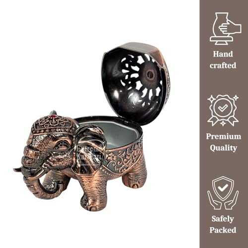 Image of Trunk Down Elephant Incense Cone and Loban Burner, Copper Finish, Handcrafted, Decorative Figurine with Lid, Home Decor, Dhoop Batti and Dhuni Holder for Temple, Meditation