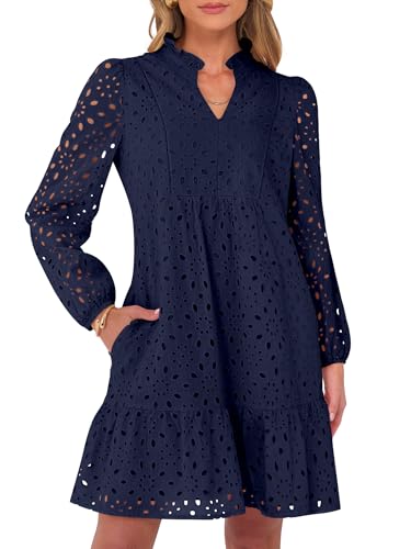 Caracilia Womens Dresses Long Sleeve V Neck Eyelet Hollow Out Fall Casual Flowy Swing Boho Tiered 2025 Mini Short Dress