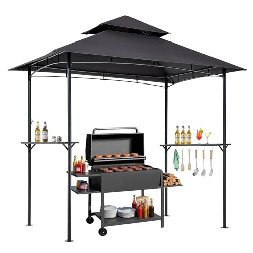 VEVOR Grill Gazebo, 8 x 5 ft Outdoor BBQ Gazebo with Double-Tiered Roof, Powder-Coated Steel Patio Grill Shelter with 2 Side Shelves & 8 Hooks, Grilling Canopy for Patio Backyard Garden Picnic