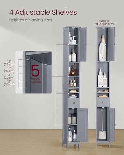 Image of VASAGLE Tall Bathroom Cabinet, Slim Freestanding Bathroom Storage Cabinet with Adjustable Shelves, Drawer, Open Compartments, for Small Spaces, Modern, Dove Gray UBBC765G02