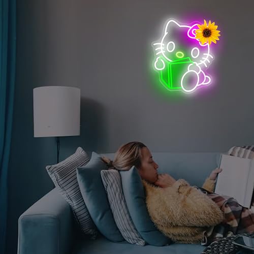 Image of Reading Hello Kit Neon Sign Kitty Kawaii Cat Anime Neon Sign Kitty Room Decor Lights for Girl's Room Child Bedroom Birthday Halloween Christmas Gift 10.87''x12.99''