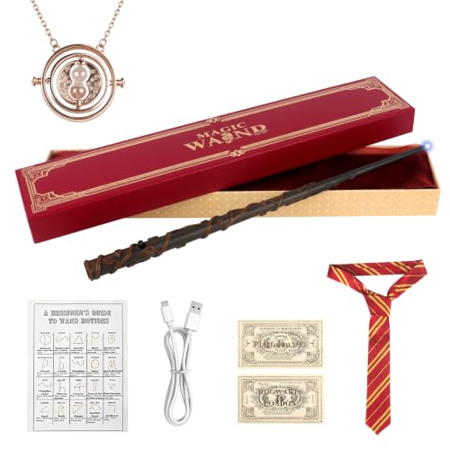 Hojalis Varita Hermione Granger, Varita Harry Brillante, Varita Mágica De Resina con Tarjeta de Hechizo, Boleto de Estación, Collar y Carga USB, para Halloween, Carnaval, Cosplay