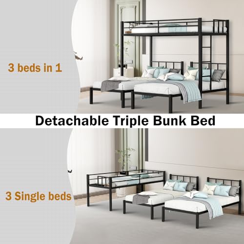 Morhome Twin Over Twin Triple Bunk Bed, Metal Twin 3 Bed Bunk Beds with Safety Guardrail & Ladder, Can Be Separated into 3 Twin Beds/Bunk Bed for Three Kids/No Box Spring Needed