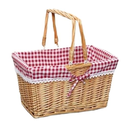 Hinniuy ピクニックバスケット 籐かご 収納バスケット 手編み かわいい カゴ収納 布裏地付きカゴ 二重折りたたみハンドル付き 織かご収納 フラワーバスケット ハンドル付き 遠足 お花見 キャンプ用品 アウトドア 水洗える ウッドカラー コーヒーカラ