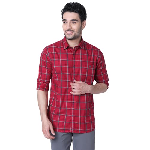 Image of J. HAMPSTEAD Cotton Slim Fit Checkered Casual Shirt for Men