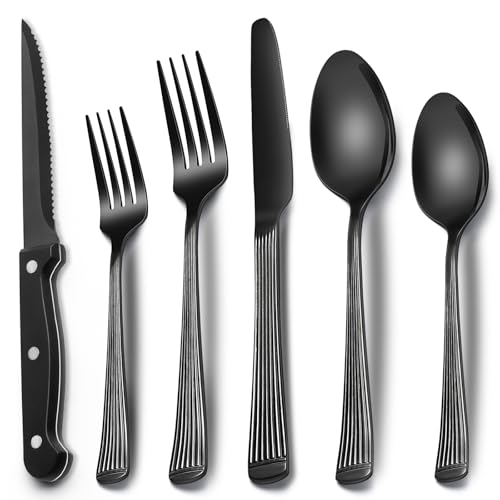 EWFEN 24-Piece Black Silverware Set with Steak Knives, Black Flatware Set for 4, Food-Grade Stainless Steel Tableware Cutlery Set, Mirror Finished Utensil Sets for Home Restaurant, Roman Column