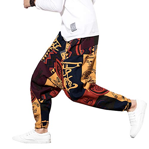 Pejihota Lose Hip-Hop-Haremshose für Herren, Leinen, böhmische Aladdin-Yogahose, Pumphose, tiefer Schritt, Retro-Print, Hose mit Taschen (as3, Waist, l, Regular, Regular, Rojo, L, Regulär)