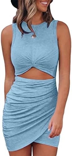 Acelitt Women's Ladies Sexy Sleeveless Hollow Out Twist Front Bodycon Dress Wrap Slim Fit Basic Solid Party Evening Dresses Sky Blue M