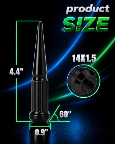 Image of M14x1.5 Spline Spike Lug Nuts, 24pcs Anti-Scratch Black E-Coated, 6-Lug | Alloy Steel Spiked Lugnuts, Fit Chevy Silverado GMC Sierra F150 Ram 1500, 4.4 inchHeight 14mmx1.5 Pointy Nut with 1 Socket Key