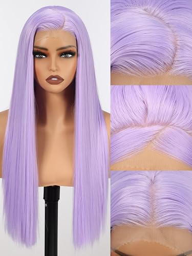topshe 13x4 Purple Synthetic Lace Front Wigs for Women with HD Lace, Heat Resistant Synthetic Straight Glueless Blonde Wig for Daily Use/Party/Cosplay 24 Inch