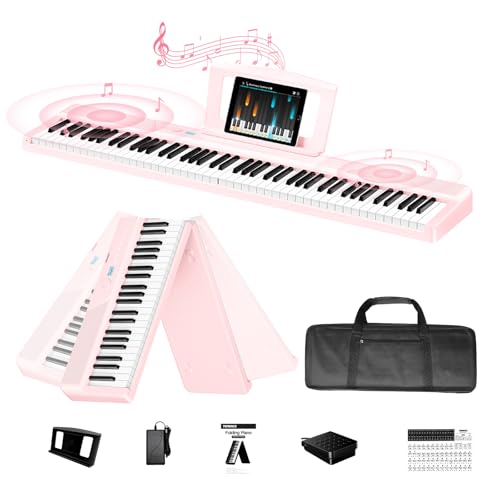 Keyboard Piano 88 Keys V50 Digital Piano Weighted Dynamic Keyboard 30W Speakers Touch-Sensitive Control Panel Inbuilt Video and Audio Recording Feature Headphone and External Speaker Support (Pink)