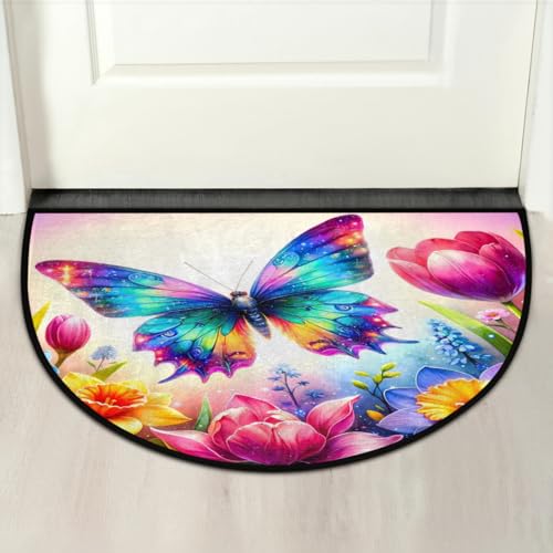 Image of cfpolar Half Round Door Mat Flower Animal Butterfly Non-Slip Semi Circle Area Rug Washable Half Moon Hearth Rugs for Indoor Outdoor Bathroom Kitchen Patio Runner Mat Laundry Room Home Decoration