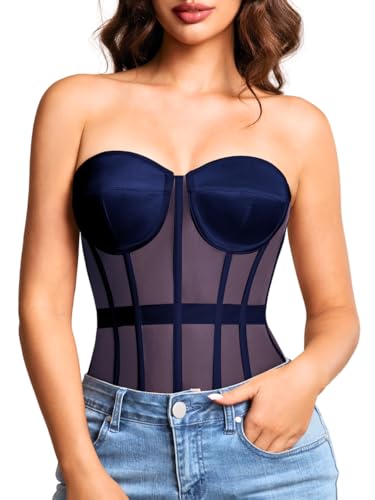 Image of Kaei&Shi Sheer Mesh Overbust Corset,Sexy Strapless Lace Up Satin Bra Corsets Top For Women Shapewear