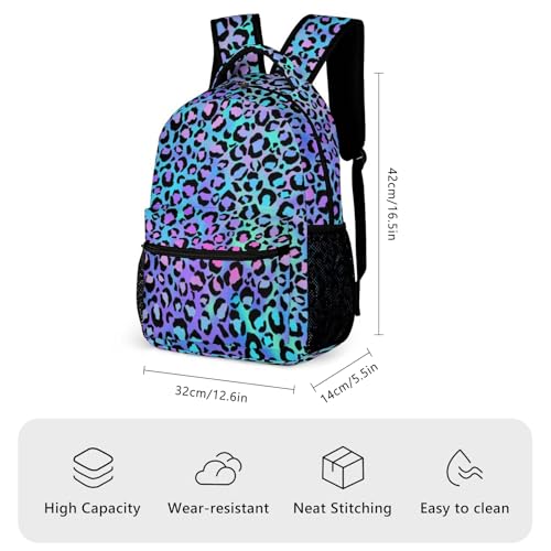 KOYI Leopard Print Backpack for Girls Cheetah Backpack, Gradient Bright Neon Blue Purple Cheetah Print Backpack, Children Casual Daypack Travel Laptop Backpack, 16.5 Inch3