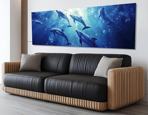 Peintures de dauphins sur toile panoramique 35x105 cm avec cadre pour mur de chambre